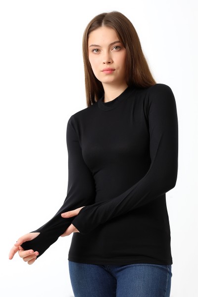 21756 KADIN YARIM BALIKÇI UZUN KOLU PARMAK GEÇMELİ  BLUZ 