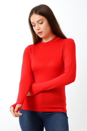 21756 KADIN YARIM BALIKÇI UZUN KOLU PARMAK GEÇMELİ  BLUZ 