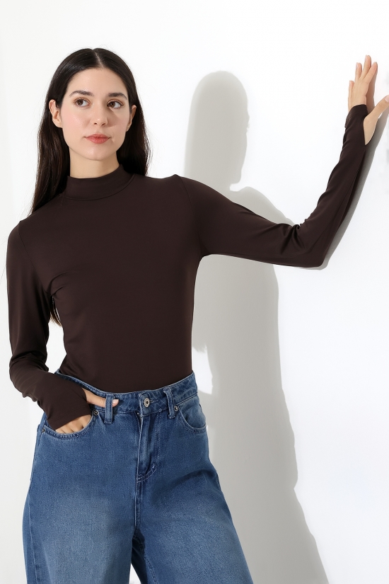 21756 KADIN YARIM BALIKÇI UZUN KOLU PARMAK GEÇMELİ  BLUZ 