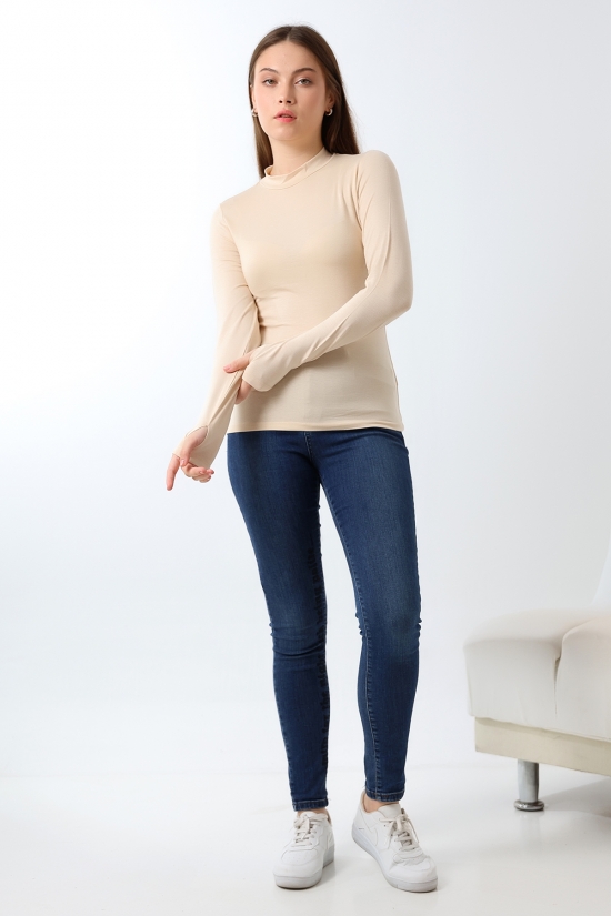 21756 KADIN YARIM BALIKÇI UZUN KOLU PARMAK GEÇMELİ  BLUZ 