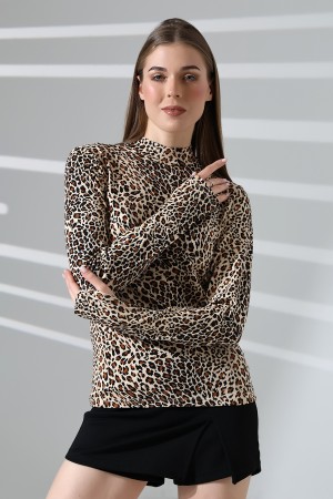 21756 KADIN YARIM BALIKÇI UZUN KOLU PARMAK GEÇMELİ  BLUZ 