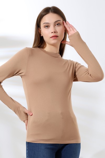 21756 KADIN YARIM BALIKÇI UZUN KOLU PARMAK GEÇMELİ  BLUZ 