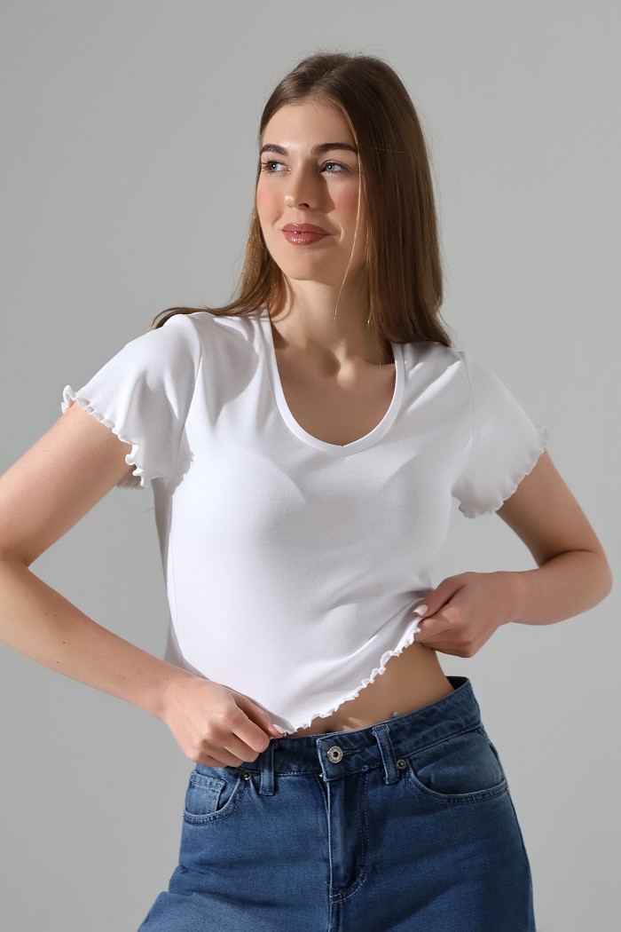 21810 KADIN PENYE KOMPAKT LİKRASIZ RİB PAMUKLU KISA KOLU VE ETEĞİ BÜZGÜ BEBE OVERLOKLU V YAKA TSHIRT 