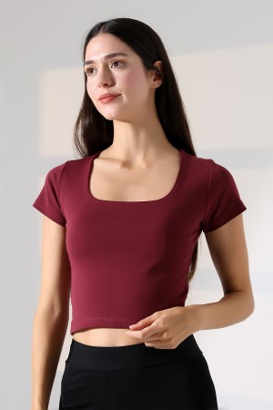 21804  KADIN KISA KOL FULL LYC RİB KOMPAKT PENYE TULUM  KARE YAKA T-SHIRT