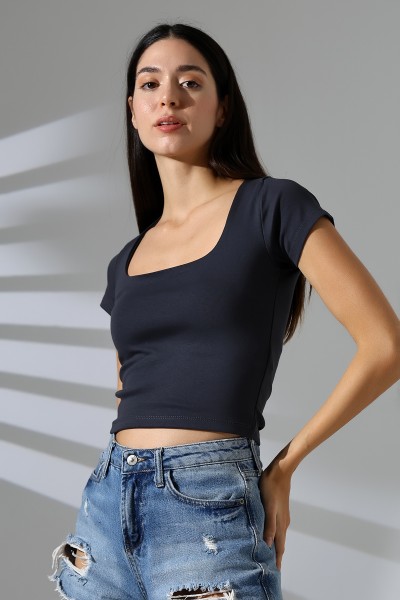 21804  KADIN KISA KOL FULL LYC RİB KOMPAKT PENYE TULUM  KARE YAKA T-SHIRT