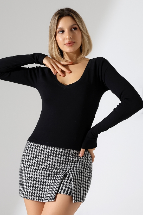 21948 KADIN  UZUN KOL  GENİŞ V YAKA FULL LYC RİBANA TSHIRT 