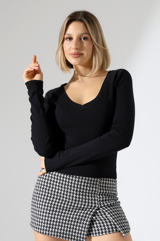 21948 KADIN  UZUN KOL  GENİŞ V YAKA FULL LYC RİBANA TSHIRT 