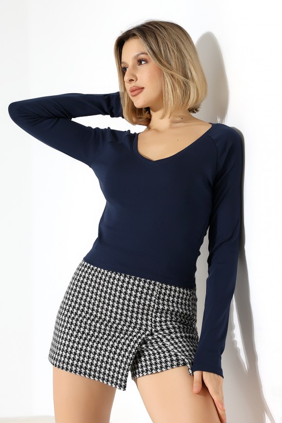 21948 KADIN  UZUN KOL  GENİŞ V YAKA FULL LYC RİBANA TSHIRT 