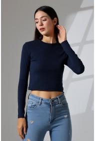 21651 KADIN FULL LYC KOMPAKT PENYE RİB UZUN KOL DİK BİSİKLET YAKA TSHIRT 