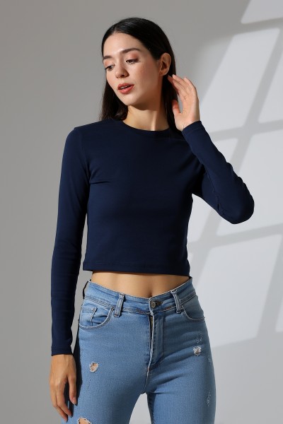 21651 KADIN FULL LYC KOMPAKT PENYE RİB UZUN KOL DİK BİSİKLET YAKA TSHIRT 