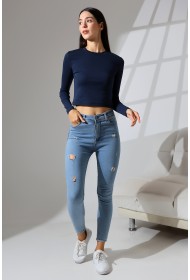 21651 KADIN FULL LYC KOMPAKT PENYE RİB UZUN KOL DİK BİSİKLET YAKA TSHIRT 