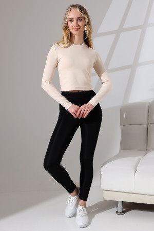 21651 KADIN FULL LYC KOMPAKT PENYE RİB UZUN KOL DİK BİSİKLET YAKA TSHIRT 