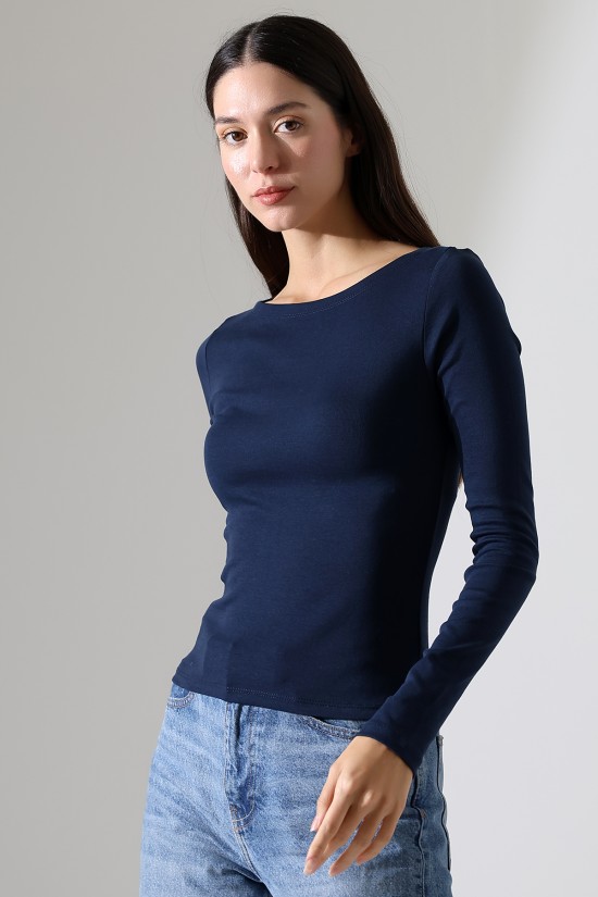 21897 KADIN KAYIK YAKA  FULL LYC KOMPAKT PENYE RİB UZUN KOL TSHIRT 