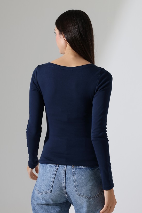 21897 KADIN KAYIK YAKA  FULL LYC KOMPAKT PENYE RİB UZUN KOL TSHIRT 