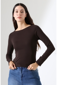 21897 KADIN KAYIK YAKA  FULL LYC KOMPAKT PENYE RİB UZUN KOL TSHIRT 