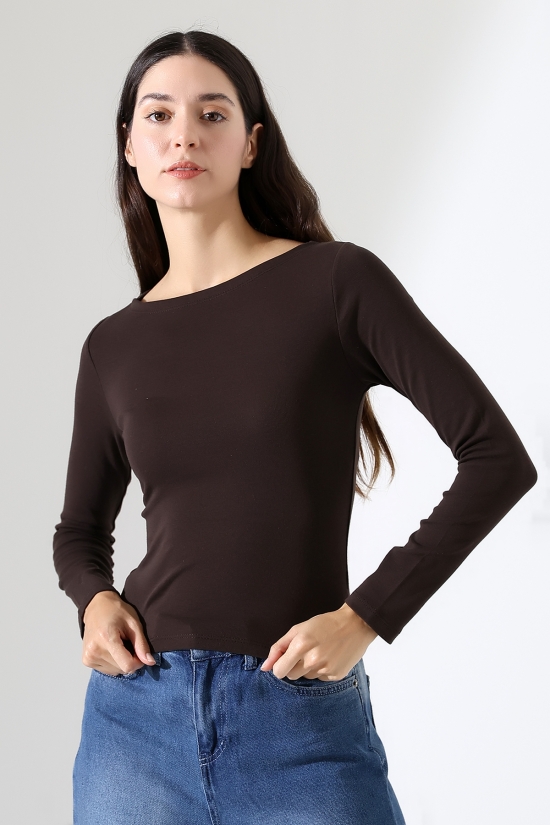 21897 KADIN KAYIK YAKA  FULL LYC KOMPAKT PENYE RİB UZUN KOL TSHIRT 