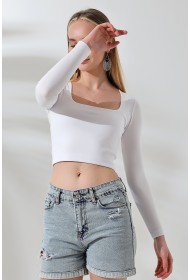 21650 KADIN FULL LYC COMP PENYE RİB UZUN KOL TULUM KARE YAKA KISA TSHIRT