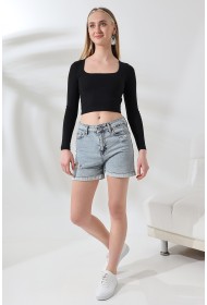 21650 KADIN FULL LYC COMP PENYE RİB UZUN KOL TULUM KARE YAKA KISA TSHIRT