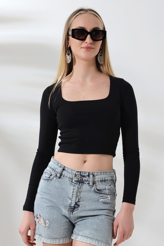 21650 KADIN FULL LYC COMP PENYE RİB UZUN KOLTULUM KARE YAKA KISA TSHIRT