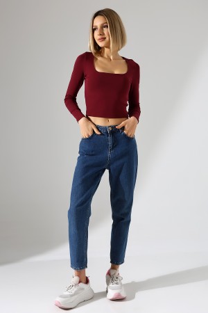 21650 KADIN FULL LYC COMP PENYE RİB UZUN KOL TULUM KARE YAKA KISA TSHIRT