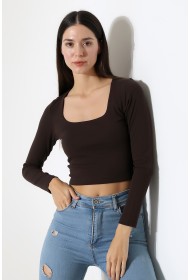 21650 KADIN FULL LYC COMP PENYE RİB UZUN KOL TULUM KARE YAKA KISA TSHIRT