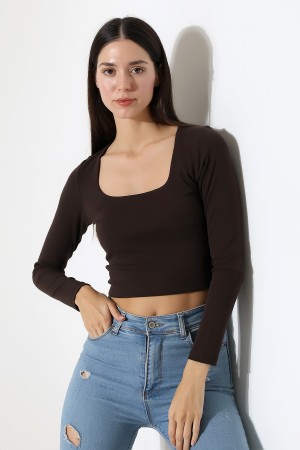 21650 KADIN FULL LYC COMP PENYE RİB UZUN KOL TULUM KARE YAKA KISA TSHIRT