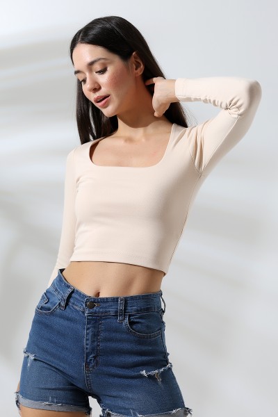 21650 KADIN FULL LYC COMP PENYE RİB UZUN KOL TULUM KARE YAKA KISA TSHIRT