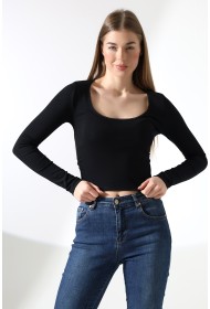 21946 KADIN FULL LYC COMP PENYE RİB UZUN KOL OVAL YAKASI TIRN LAST.DANTEL YAKA TSHIRT