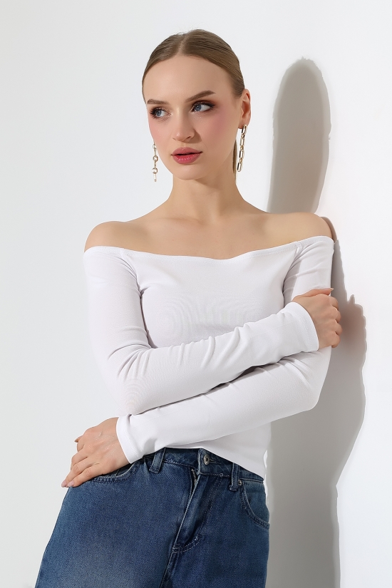 22141 KADIN KAYIK YAKA FULL LYC RİB UZUN KOL REGLAN VE OMUZ DÜŞÜMLÜ TSHIRT 