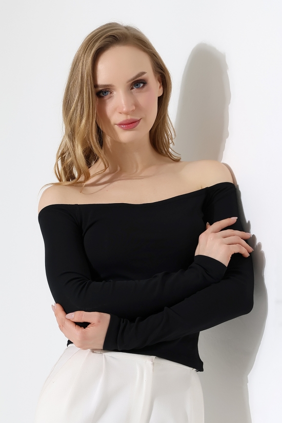 22141 KADIN KAYIK YAKA FULL LYC RİB UZUN KOL REGLAN VE OMUZ DÜŞÜMLÜ TSHIRT 