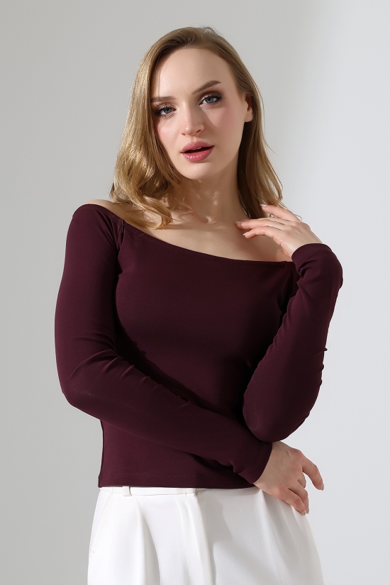 22141 KADIN KAYIK YAKA FULL LYC RİB UZUN KOL REGLAN VE OMUZ DÜŞÜMLÜ TSHIRT 