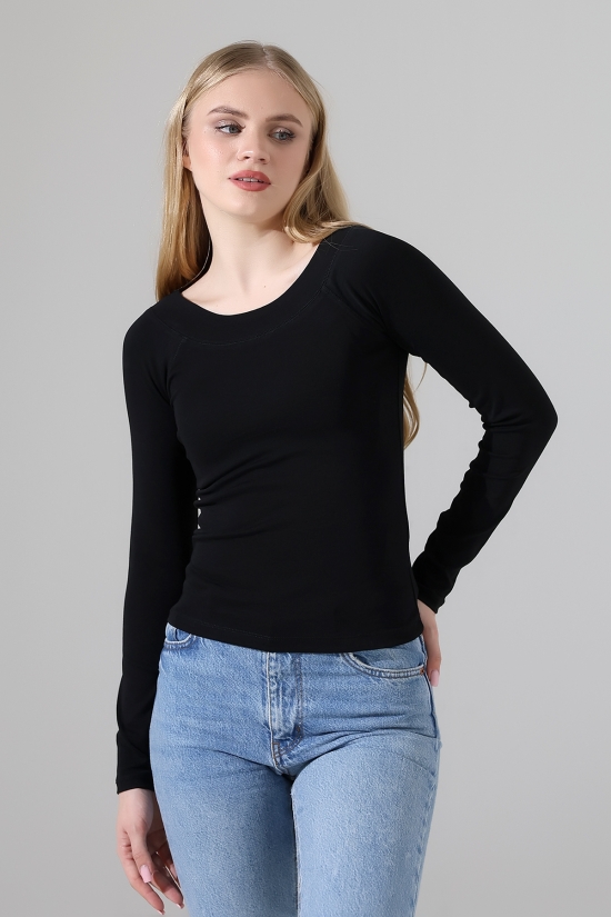 22195 KADIN REGLAN KARYOKALI KAYIK KALIN YAKA FULL LYC KOMPAKT PENYE RİB UZUN KOL TSHIRT 