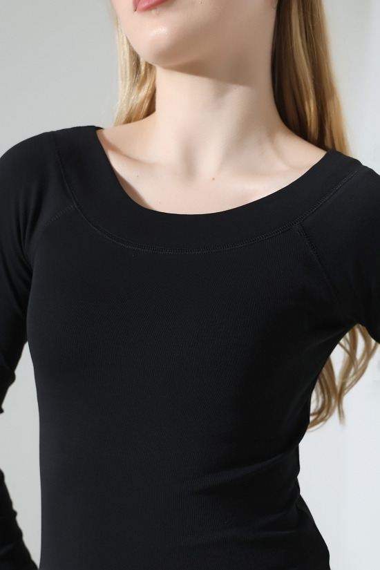 22195 KADIN REGLAN KARYOKALI KAYIK KALIN YAKA FULL LYC KOMPAKT PENYE RİB UZUN KOL TSHIRT 