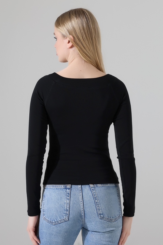 22195 KADIN REGLAN KARYOKALI KAYIK KALIN YAKA FULL LYC KOMPAKT PENYE RİB UZUN KOL TSHIRT 