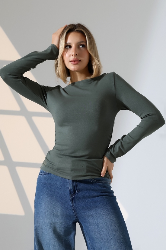 21951 KADIN KAYIK YAKA YANLARI LAST BÜZGÜLÜ FULL LYC VORTVİSK RİBANA UZUN KOL TSHIRT 