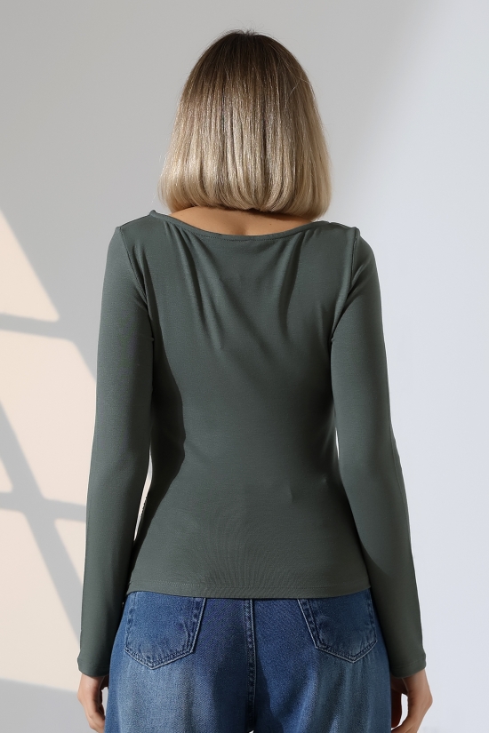 21951 KADIN KAYIK YAKA YANLARI LAST BÜZGÜLÜ FULL LYC VORTVİSK RİBANA UZUN KOL TSHIRT 