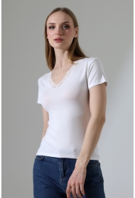 22268 KADIN V YAKASI DANTELLİ FULL LYC VORTVİSK KISA KOL BLUZ 