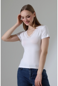 22268 KADIN V YAKASI DANTELLİ FULL LYC VORTVİSK KISA KOL BLUZ 