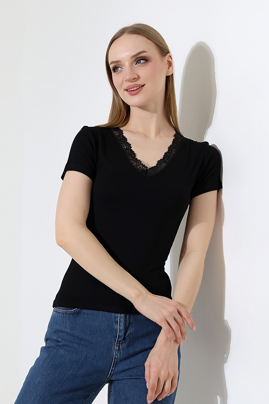 22268 KADIN V YAKASI DANTELLİ FULL LYC VORTVİSK KISA KOL BLUZ 