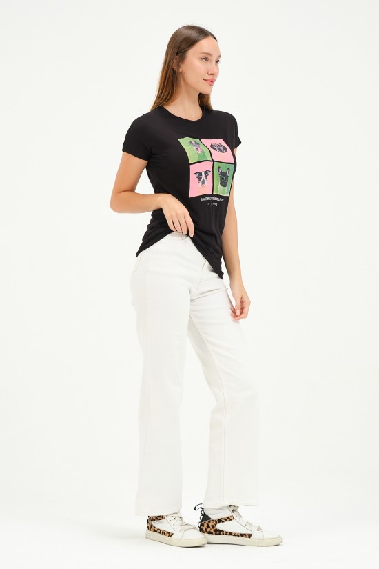 20601 GÖZLÜKLÜ 4 KÖPEK BASK. BAYAN KISA KOLU BEDENDE VSK TSHIRT