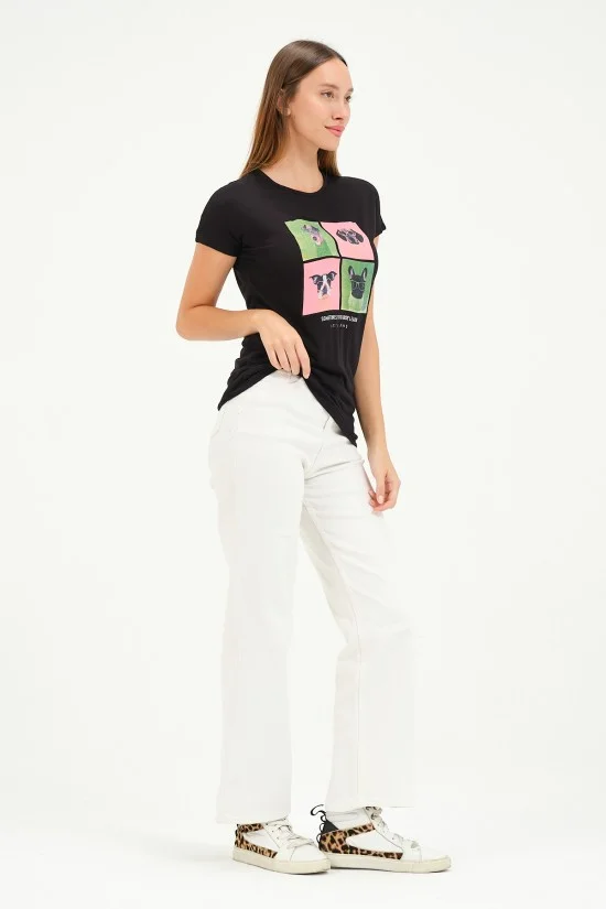 20601 GÖZLÜKLÜ 4 KÖPEK BASK. BAYAN KISA KOLU BEDENDE VSK TSHIRT