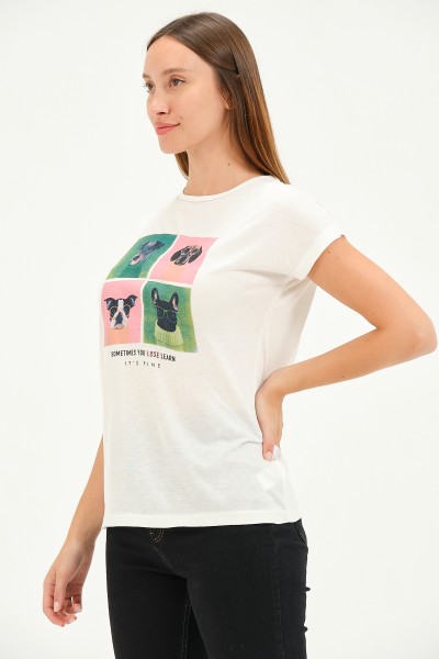 20601 GÖZLÜKLÜ 4 KÖPEK BASK. KADIN KISA KOLU BEDENDE VSK TSHIRT