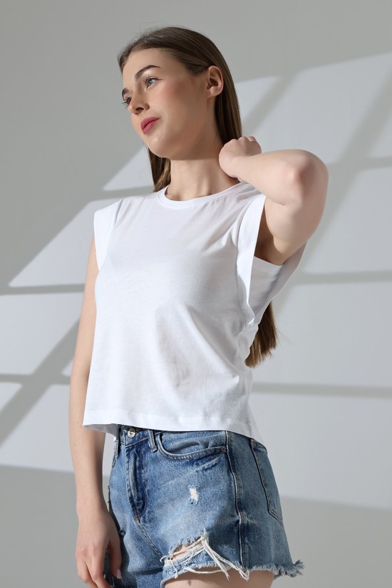 21572  BAYAN KOLSUZ GENİŞ KOL EVİ İÇ KAPAKLI ARKA ETEĞİ OVAL PAMUKLU TSHIRT