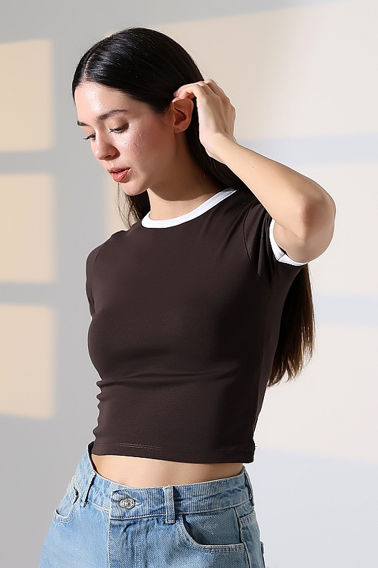 21832 KADIN FULL LYC PENYE KOMPAKT RİB.YAKA VE KOLAĞZI GARNİLİ BİSİKLET YAKA TSHIRT