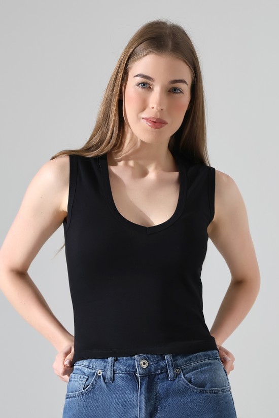 21899  KADIN DERİN V YAKA KOLSUZ LİKRASIZ RİB ATLET 