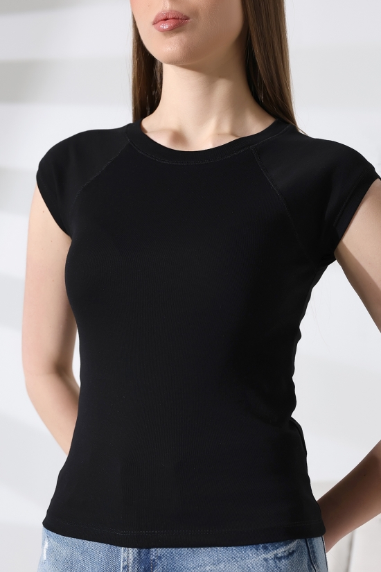 21890 KADIN  RİB.YAKA VE KOLAĞZI BİYELİ REGLAN KOL KARYOKALI BİSİKLET YAKA TSHIRT