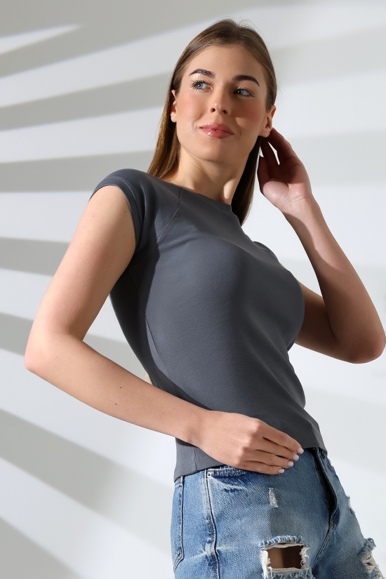 21890 KADIN  RİB.YAKA VE KOLAĞZI BİYELİ REGLAN KOL KARYOKALI BİSİKLET YAKA TSHIRT