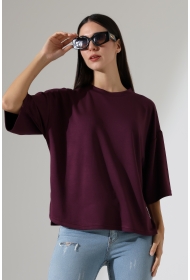 22286 KADIN YARIM KOL OVERSİZE YANLARI YIRTMAÇLI BİSİKLET YAKA DOUBLEFACE YUMUŞAK DOKU TSHIRT 