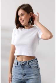 21560 KADIN PENYE COMP LİKRASIZ RİB PAMUKLU BİSİKLET YAKA CROP TSHIRT