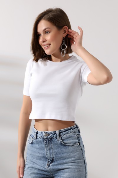 21560 KADIN PENYE COMP LİKRASIZ RİB PAMUKLU BİSİKLET YAKA CROP TSHIRT